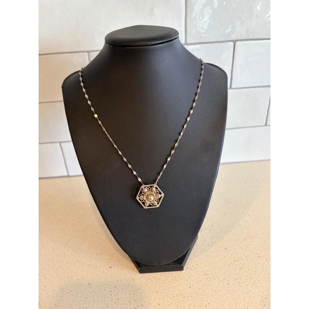 Vintage Sterling Silver Handmade Artisan Style Hexagon Filigree Pendant Necklace - Picture 4 of 8